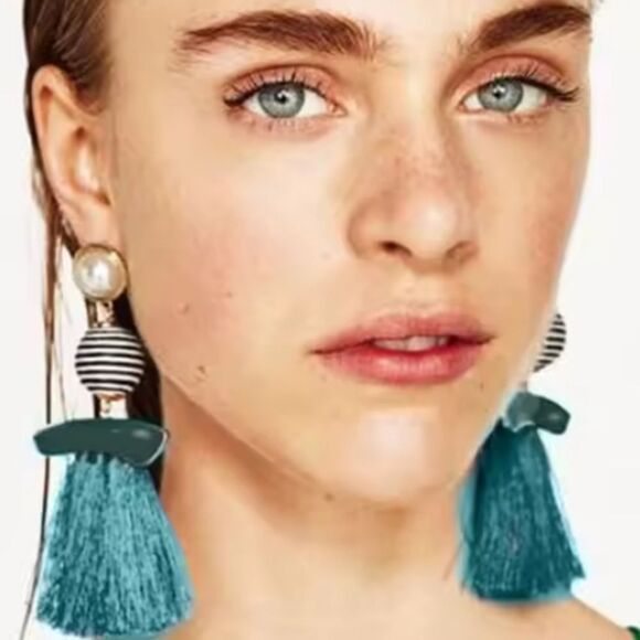 New ZARA Mod Geo Blue Fringe Earrings - Picture 1 of 9